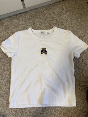 Sunday Best White Baby Tee with Embroidered Bear